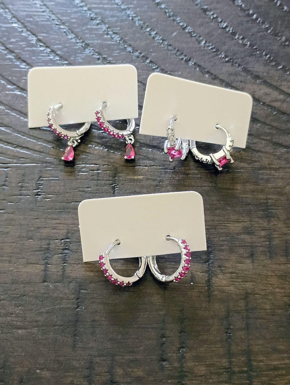 New Silver Hoop Earrings with Pink Gem Accents - Women Jewelry